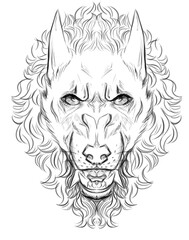 Black and white head of an angry werewolf wearing earrings