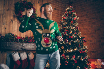 photo of carefree inspired funny ginger bearded man dance party wear deer pullover decorated office 