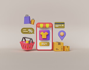 Poster - online store Shopping on smartphone. advertising banner. minimal cartoon style design. 3d rendering