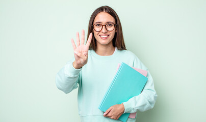 Poster - young pretty woman smiling and looking friendly, showing number four. universitary student