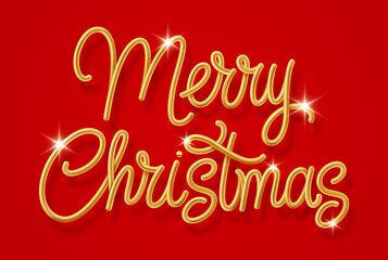 Poster - Golden Text Merry Christmas on Red Background with Golden Shiny Glitter. Creative Typography for Christmas and New Year Season. Perfect for Greeting Card, Holiday Greeting Gift Poster