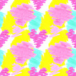 Seamless pattern with a print of pink hearts and colored yellow, blue spots in a doodle style, drawn with markers with felt-tip pens.