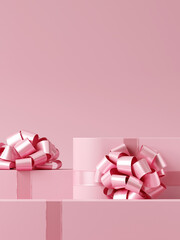 Wall Mural - Minimal product background for Christmas, New year and sale event concept. Pink gift box with ribbon bow on pink background. 3d render illustration. Clipping path of each element included.