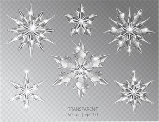 Wall Mural - Collection of vector realistic transparent Christmas snowflake decoration on a light abstract background. Glass sparkling translucent crystals
