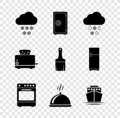 Sticker - Set Cloud with snow, Safe, and rain, Oven, Covered tray of food and Ship icon. Vector