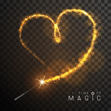 Magic wand with golden glowing shiny trail like love heart. Isolated on black transparent background. Vector illustration