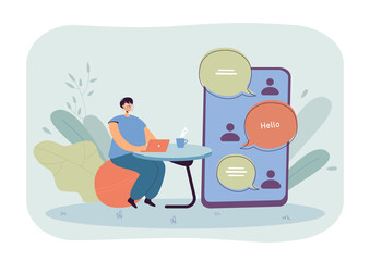 Poster - Online conversation of woman with friends. Tiny girl using chat app in laptop or smartphone flat vector illustration. Online communication concept for banner, website design or landing web page