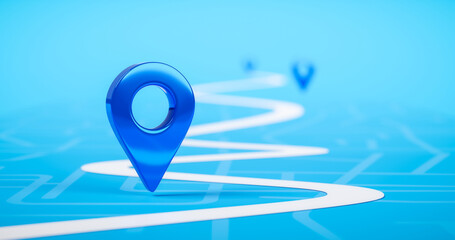 Fototapete - Road map of blue location pin icon symbol or gps travel route navigation marker and transportation place pointer direction street sign on city background with transport destination way. 3D render.