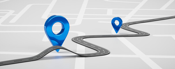 Wall Mural - Road map of blue location pin icon symbol or gps travel route navigation marker and transportation place pointer direction street sign on city background with transport destination way. 3D render.