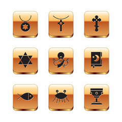 Canvas Print - Set Star of David necklace on chain, Christian fish, Pastafarianism, Jesus, cross, chalice and icon. Vector