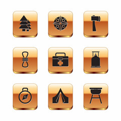 Canvas Print - Set Tree, Compass, Tourist tent, First aid kit, Climber rope, Wooden axe, Barbecue grill and Wind rose icon. Vector