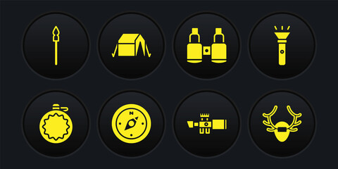 Sticker - Set Canteen water bottle, Flashlight, Compass, Sniper optical sight, Binoculars, Tourist tent, Deer antlers on shield and Medieval spear icon. Vector