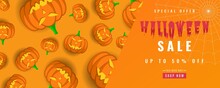 Halloween Orange Sale Background With Pumpkin And Spider Web Elements. It Is Suitable For Banner, Poster, Flyer, Advertising, Etc