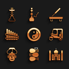 Sticker - Set Yin Yang, Tandoori chicken, Taj Mahal, Taxi tuk tuk, Indian man, Pan flute, Scented spa stick and Hookah icon. Vector