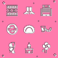 Sticker - Set Ukrainian ethnic pattern, footwear, Hotel Ukraina building, hryvnia, Dumplings, Glass with vodka, cossack and Church icon. Vector