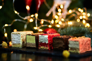 Mousse Christmas pastry mini cake dessert with new year decorations