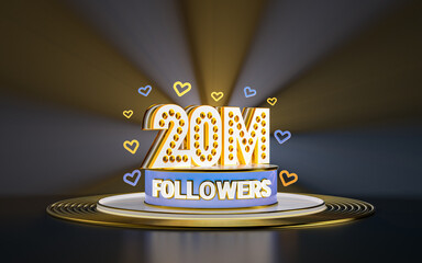 Wall Mural - 20 million followers celebration, thank you social media banner with spotlight gold background 3d render