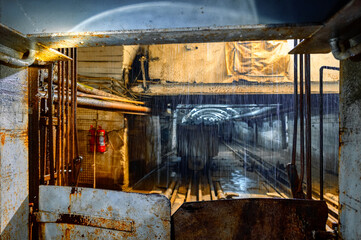 The view from the mine elevator, the mine tunnel is visible, a stream of outlet pours from above