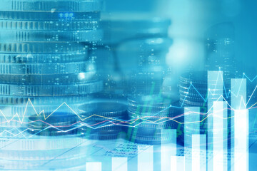 Wall Mural - Financial investment concept, Double exposure of stack of coins and city for finance investor, Forex trading market candlestick chart, Cryptocurrency Digital economy. investing growing.economy trends