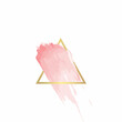 Golden line triangle frame with pink brush strokes, on a white background. Icon. Vector design template for banner, card, cover, poster, logo.