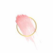 Gold line circle frame with pink brush strokes, on a white background. Icon. Vector design template for banner, card, cover, poster, logo.