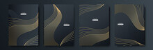 Modern Black Stripe Cover Design Set. Luxury Creative Gold Dynamic Diagonal Line Pattern. Formal Premium Vector Background For Business Brochure, Poster, Notebook, Menu Template