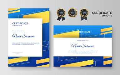 Modern elegant blue and yellow diploma certificate template. Premium luxury minimal certificate template design.