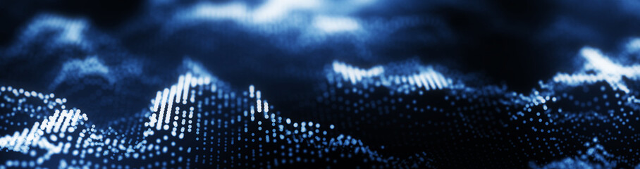 Poster - Wave of dust particles. Futuristic point wave Abstract wave dots in dark background . 3d rendering