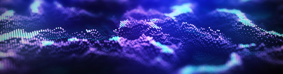 Poster - Wave of dust particles. Futuristic point wave Abstract wave dots in dark background . 3d rendering
