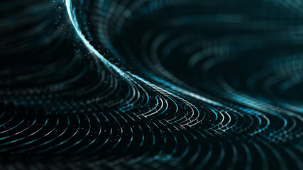 Poster - Wave of dust particles. Futuristic point wave Abstract wave dots in dark background . 3d rendering