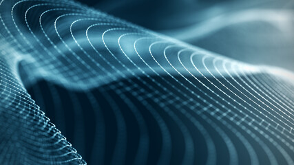 Poster - Wave of dust particles. Futuristic point wave Abstract wave dots in dark background . 3d rendering