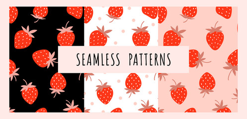 Wall Mural - Vector set with strawberry. Trendy texture for print, textile, packaging. Hand drawn seamless patterns. Collection of backgrounds.