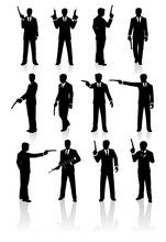 Isolated Vector Silhouettes Of James Bond Inspired Spies Or Hitmen Wearing A Suit And Tie. All Characters Are Aiming Or Posing With Pistols Or Rifles.