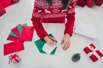 Poster - Cropped photo of writer lady hold pen write congratulating letter wear hat sweater in decorated x-mas home indoors