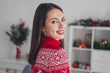 Poster - Profile side photo of young lovely girl wear sweater ornament holiday december atmosphere holly indoors