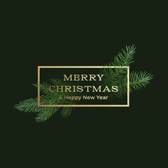 Wall Mural - Christmas Season Vector Label, Sign or Card Template. Hand Drawn Spruce Branches Fading into Dark with Golden Framed Typography. Holiday Greetings Banner Background