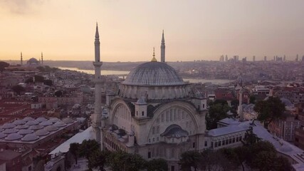 Wall Mural - An aerial view of the unique and beautiful Nuruosmaniye Mosque in Istanbul, Turkey in 4K