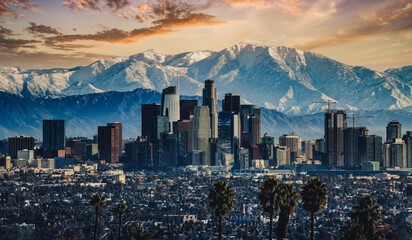 Fototapete - Los Angeles with snowcapped mountains