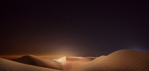 Wall Mural - Scenic view of sandy desert under starry sky in night. Banner design