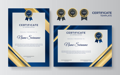 Wall Mural - Blue and gold certificate template. Modern blue certificate award or diploma template set of two, portrait and landscape design in A4 size. Suit for business, education, award and more