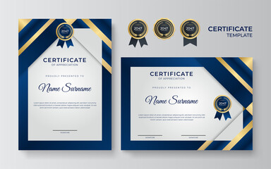 Blue and gold certificate template. Modern blue certificate award or diploma template set of two, portrait and landscape design in A4 size. Suit for business, education, award and more