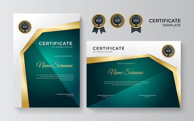 Elegant and professional green and gold award certificate template. Modern simple certificate with gold badge and border vector template