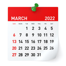 March 2022 - Calendar. Isolated On White Background. 3D Illustration
