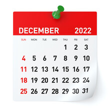 December 2022 - Calendar. Isolated On White Background. 3D Illustration
