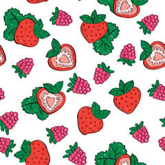 Wall Mural - Seamless pattern with strawberry and raspberry with leaves on a white background. Design for textiles, posters, labels. Vector illustration.