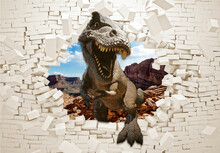 3d Picture Dinosaur In A Broken Wall Wallpaper