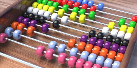Wall Mural - Abacus, count learning traditional school tool with colorfoul beads, closeup. 3d illustration