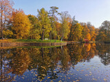 Fototapeta Łazienka - Autumn in the park. Trees with bright, falling leaves grow on the shore of the pond and are reflected in its water.