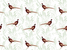 Seamless Pattern With Hand Drawn Pheasants And Plants, Grass On A White Background