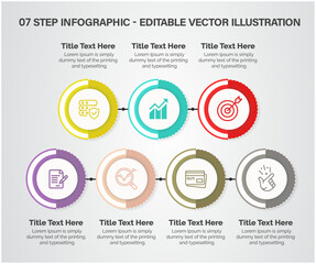 7 Steps Infographics Design Template - Graph, Pie chart, workflow layout, squire diagram, brochure, report, presentation, web design. Editable Vector illustration